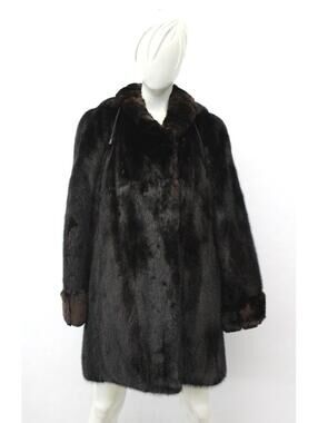 EXCELLENT DARK RANCH MINK & REX RABBIT FUR COAT JACKET WOMEN WOMAN SIZE 6-8 HOOD